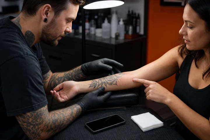 Valoración de un tatuaje en proceso de curación dentro del estudio.