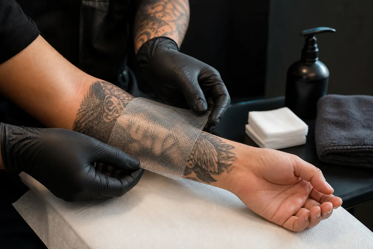 Aplicación de un apósito protector sobre un tatuaje recién terminado.