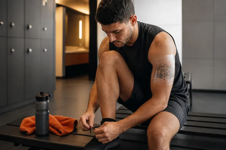 Deportista preparándose con un tatuaje protegido en el brazo.