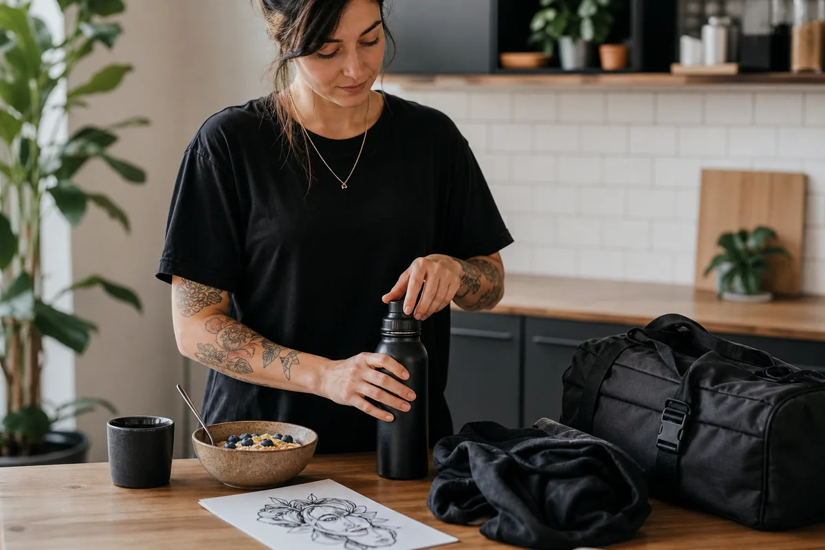 Preparación de agua comida ropa y referencias para el día del tatuaje.