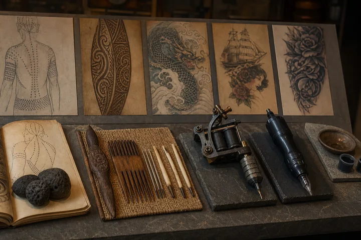 Recorrido visual por herramientas y lenguajes del tatuaje a través del tiempo.