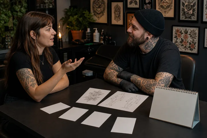 Conversación entre tatuador y cliente antes de reservar un tatuaje.