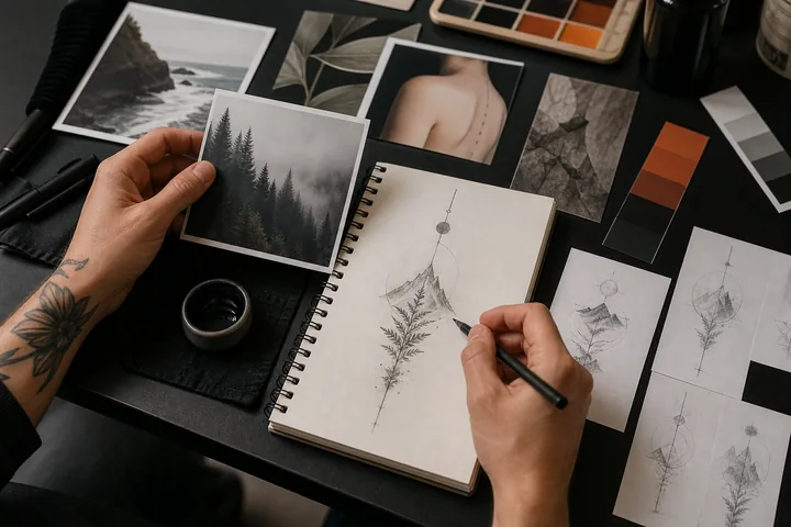 Preparación de referencias y bocetos para un tatuaje personalizado.