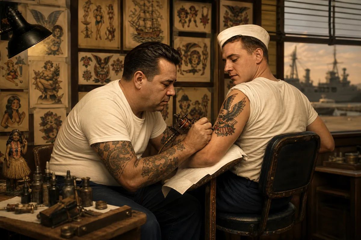 Escena histórica de un tatuador trabajando en un estudio portuario de mediados del siglo XX.