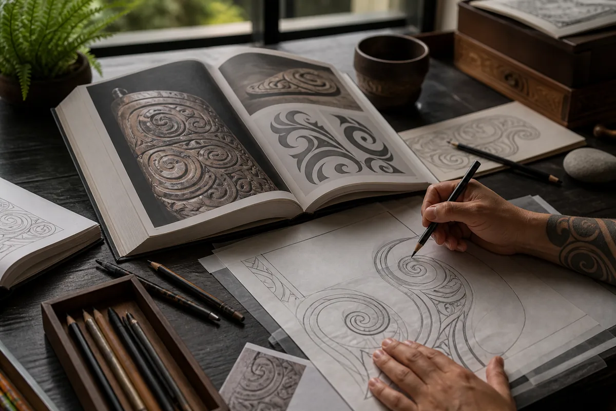 Investigación y boceto respetuoso de una composición inspirada en principios visuales maoríes.