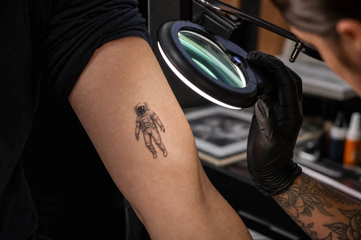 Inspección de un pequeño tatuaje microrealista de astronauta.