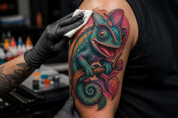 Tatuaje New School de camaleón con colores intensos y volumen.