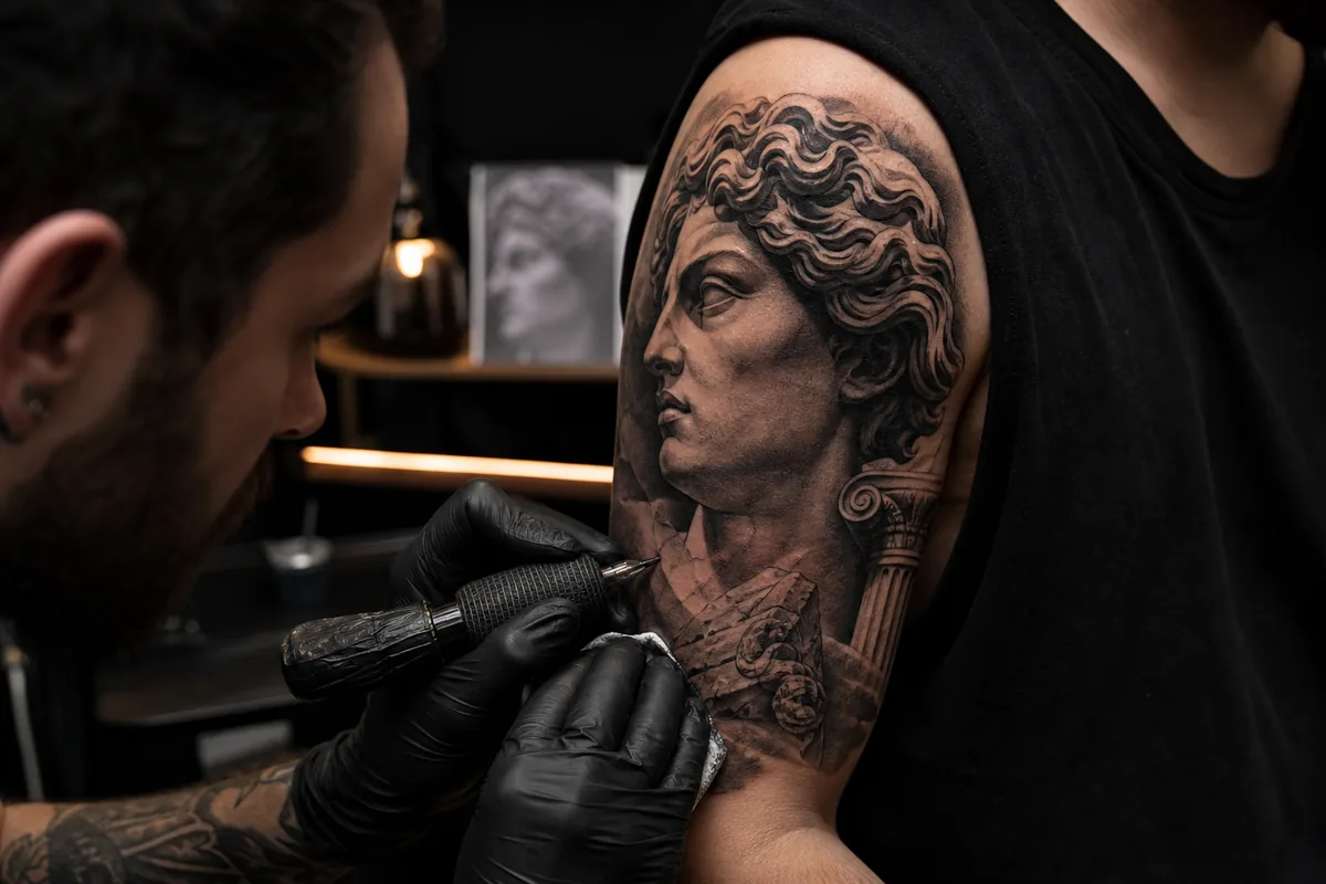 Proceso de sombreado de un tatuaje black and grey con volumen.