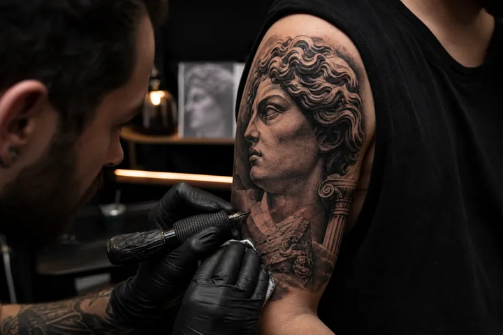 Proceso de sombreado de un tatuaje black and grey con volumen.
