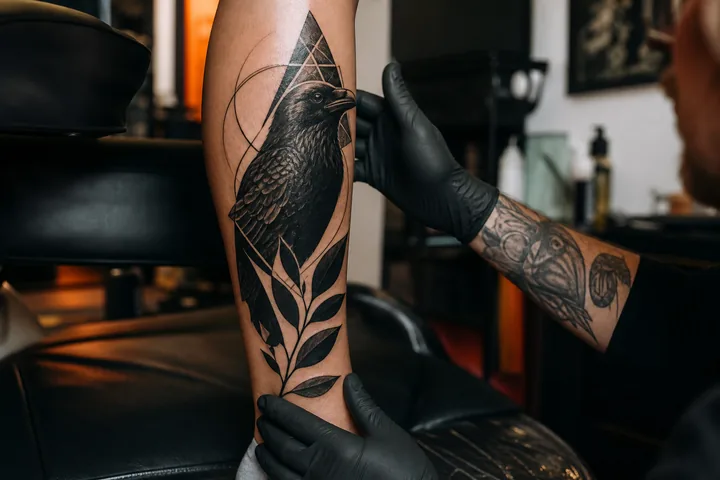 Tatuaje blackwork de cuervo con negros sólidos y espacios de piel.