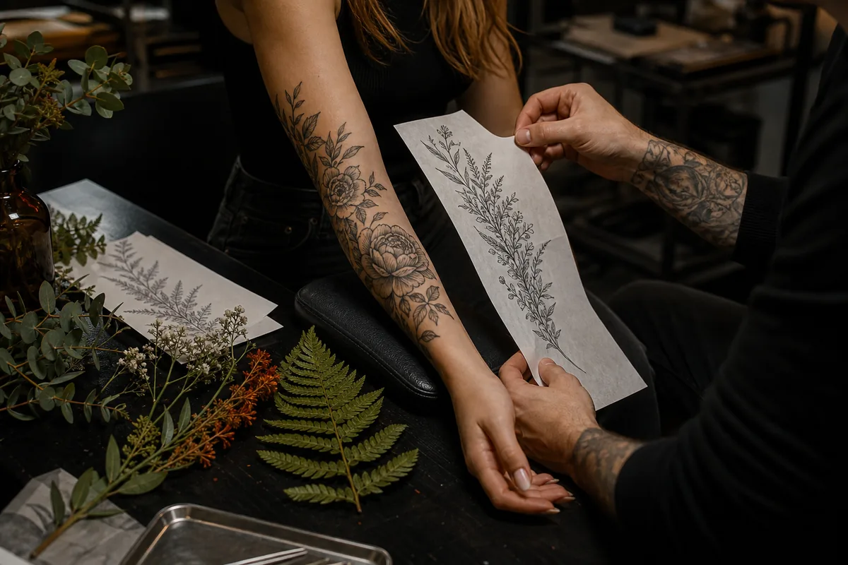 Composición de un tatuaje botánico a partir de plantas y bocetos originales.