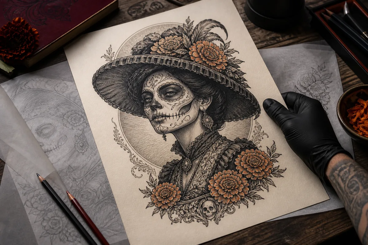 Diseño ilustrado de una Catrina con sombrero y flores preparado para un tatuaje.