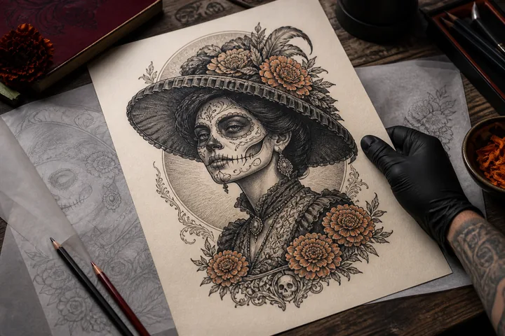 Diseño ilustrado de una Catrina con sombrero y flores preparado para un tatuaje.