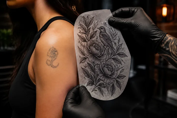Planificación de un cover up botánico sobre un tatuaje antiguo desvanecido.