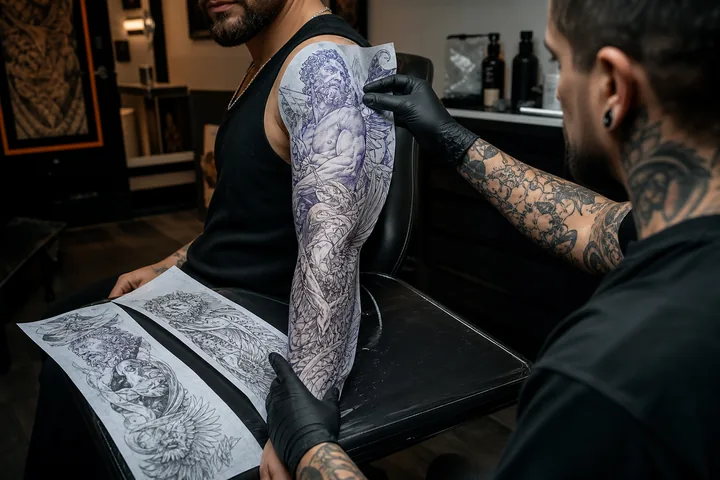 Ajuste de una composición completa de tatuaje a la anatomía del brazo.