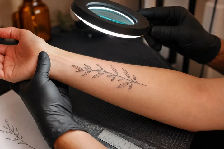 Revisión de un tatuaje fine line botánico en el antebrazo.