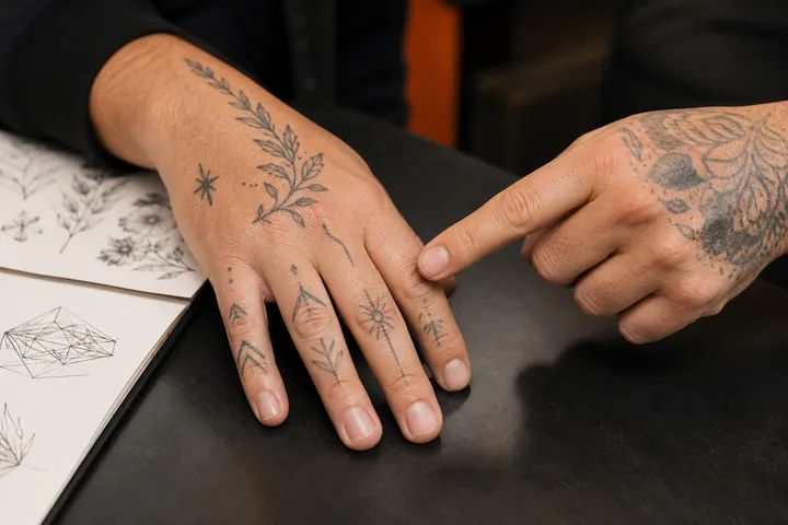 Comparación del desgaste de tatuajes curados en manos y dedos.