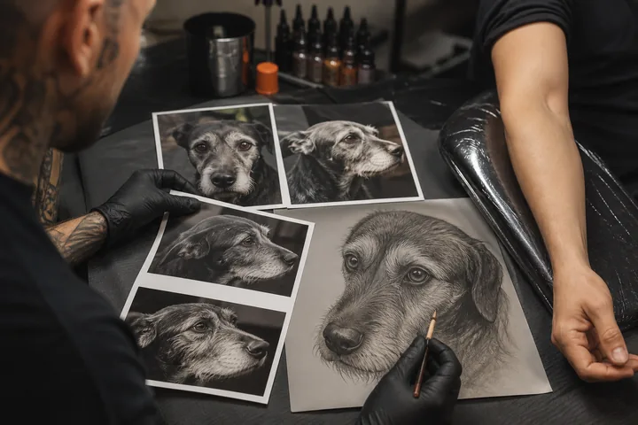 Preparación de referencias fotográficas para un tatuaje realista de mascota.