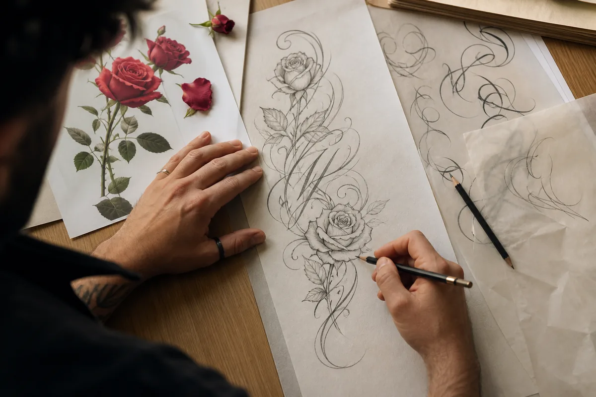 Diseño personalizado de rosas y lettering para un tatuaje de homenaje.