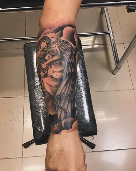 Tatuaje black and grey de un ángel caído en el antebrazo.