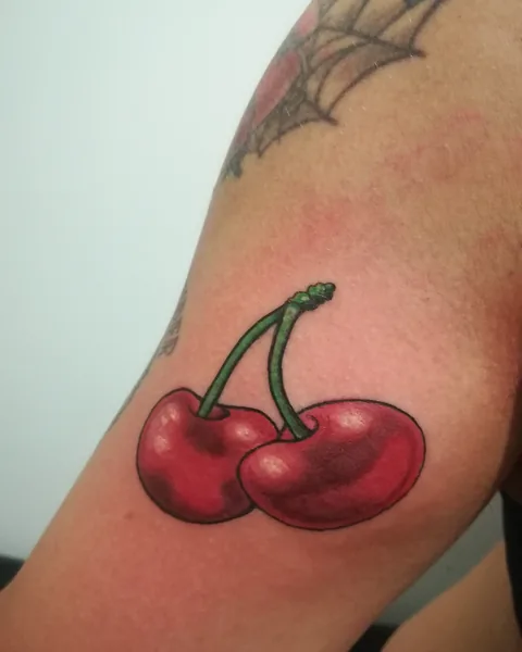 Tatuaje neotradicional de dos cerezas en el brazo.