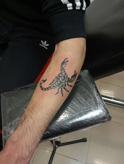 Tatuaje blackwork de un escorpión en el antebrazo.
