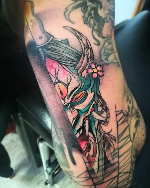 Tatuaje neotradicional de un zorro japonés en el brazo.